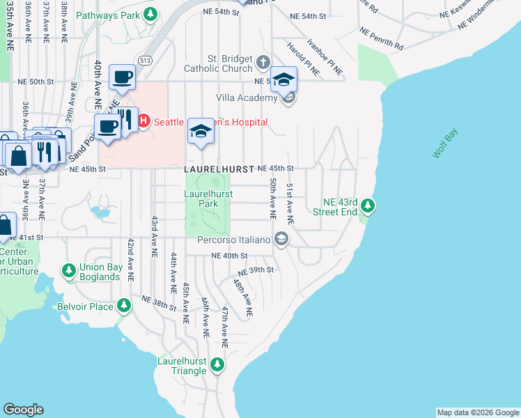 map of restaurants, bars, coffee shops, grocery stores, and more near 4820 Northeast 42nd Street in Seattle