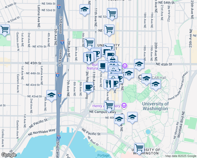 map of restaurants, bars, coffee shops, grocery stores, and more near 4235 12th Avenue Northeast in Seattle