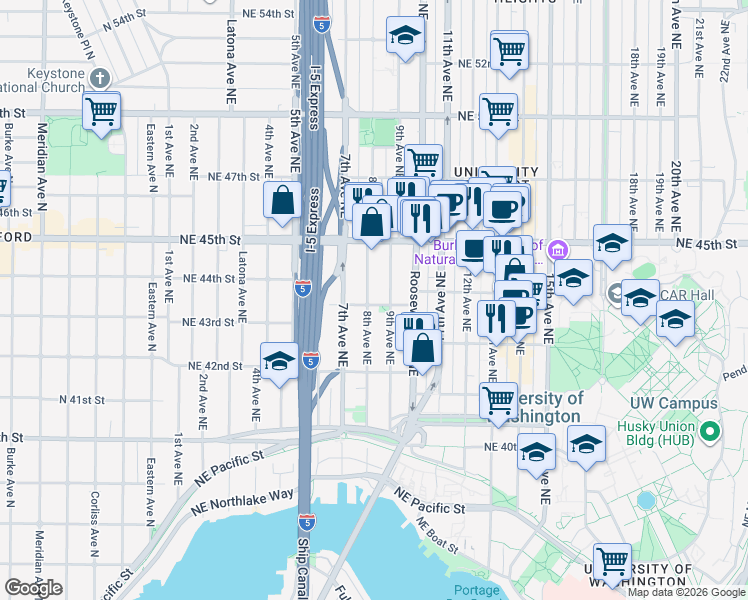map of restaurants, bars, coffee shops, grocery stores, and more near 817 Northeast 43rd Street in Seattle