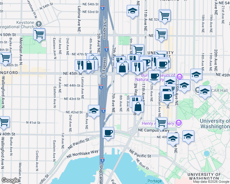 map of restaurants, bars, coffee shops, grocery stores, and more near 706 Northeast 43rd Street in Seattle