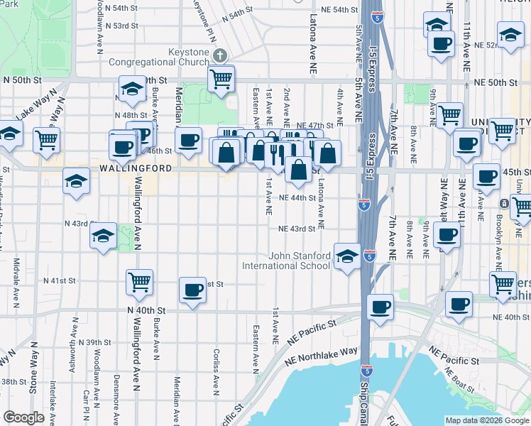 map of restaurants, bars, coffee shops, grocery stores, and more near 4318 1st Avenue Northeast in Seattle