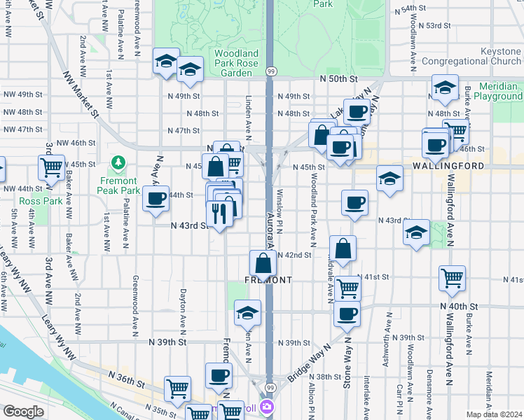 map of restaurants, bars, coffee shops, grocery stores, and more near 4300 Aurora Avenue North in Seattle