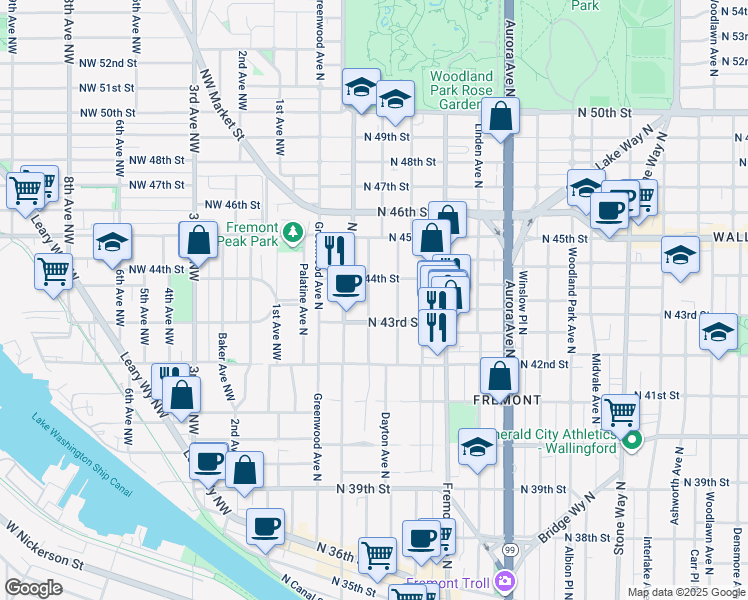 map of restaurants, bars, coffee shops, grocery stores, and more near 4317 Francis Avenue North in Seattle