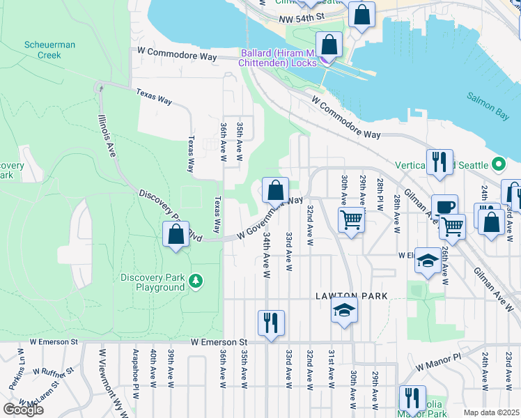 map of restaurants, bars, coffee shops, grocery stores, and more near 3400 West Government Way in Seattle