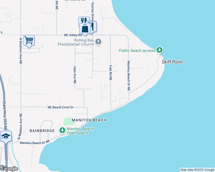 map of restaurants, bars, coffee shops, grocery stores, and more near 10635 Falk Road Northeast in Bainbridge Island