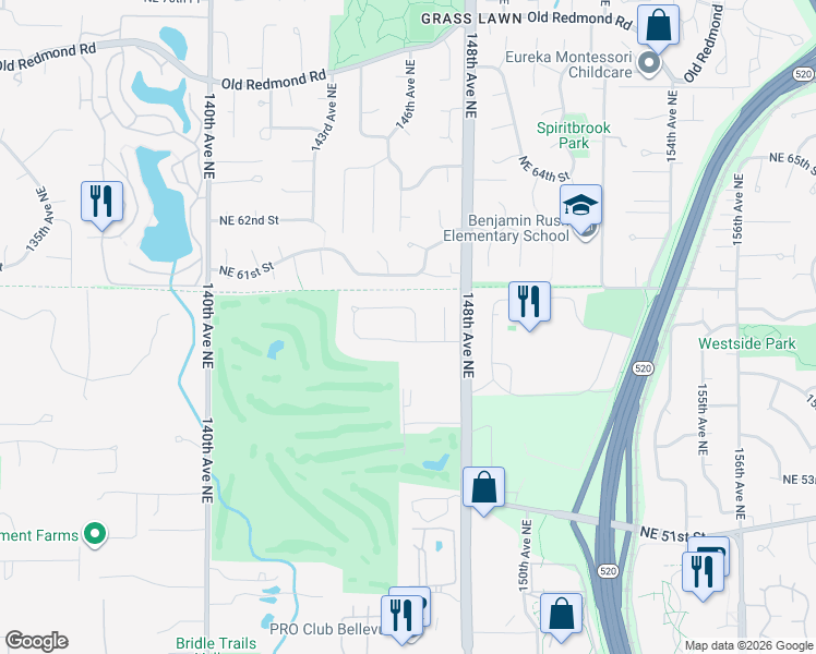 map of restaurants, bars, coffee shops, grocery stores, and more near 5742 146th Avenue Northeast in Bellevue