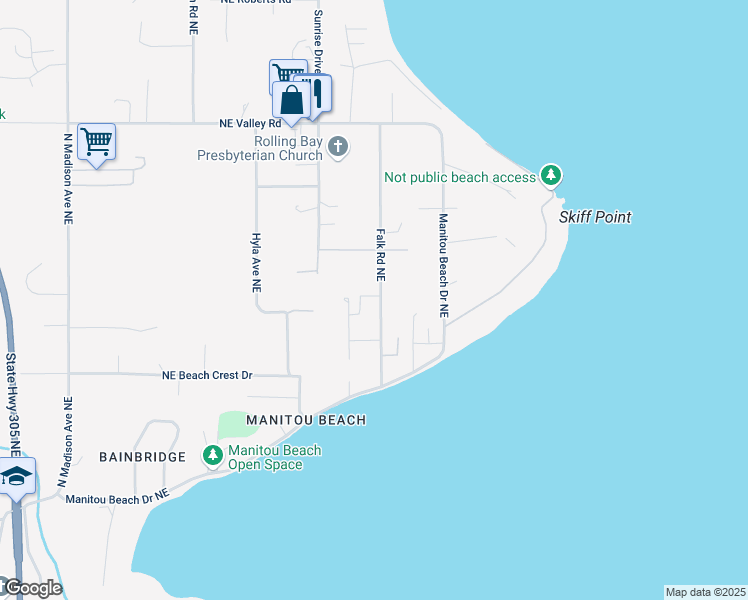 map of restaurants, bars, coffee shops, grocery stores, and more near 10635 Falk Road Northeast in Bainbridge Island
