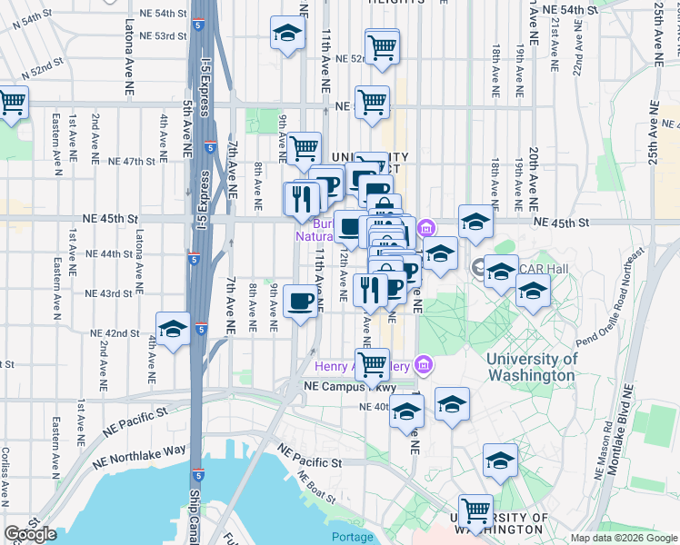 map of restaurants, bars, coffee shops, grocery stores, and more near 4235 12th Avenue Northeast in Seattle