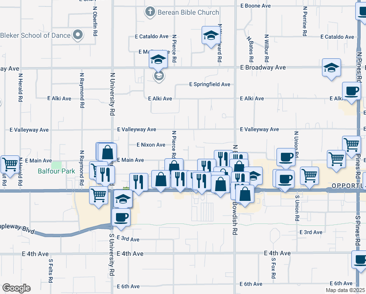 map of restaurants, bars, coffee shops, grocery stores, and more near 11105 East Front Lane in Spokane Valley
