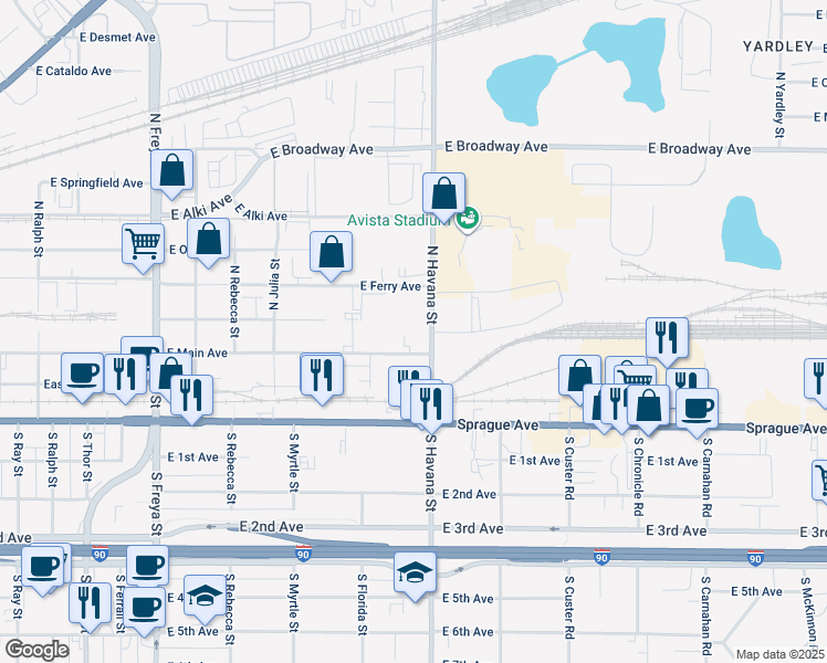 map of restaurants, bars, coffee shops, grocery stores, and more near 209 North Havana Street in Spokane