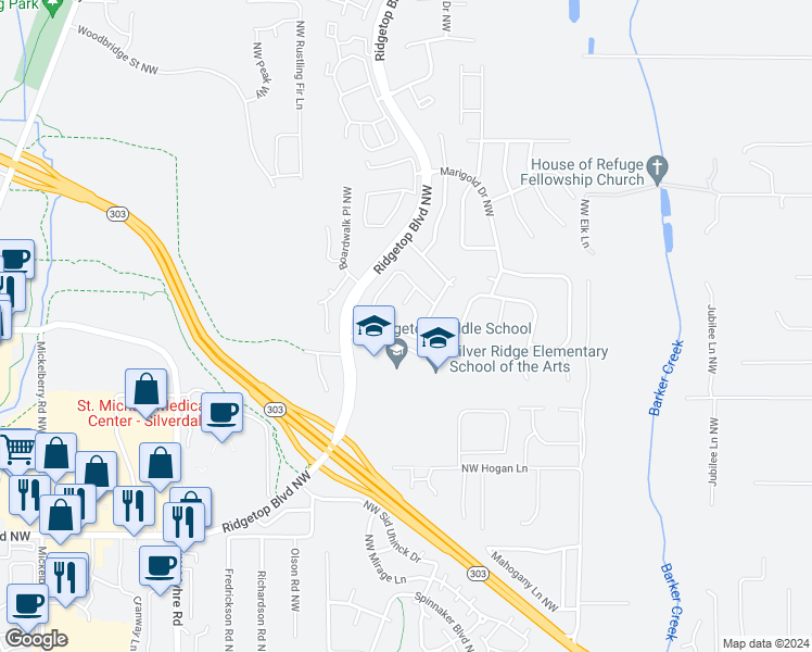 map of restaurants, bars, coffee shops, grocery stores, and more near 10619 Hillsboro Drive Northwest in Silverdale