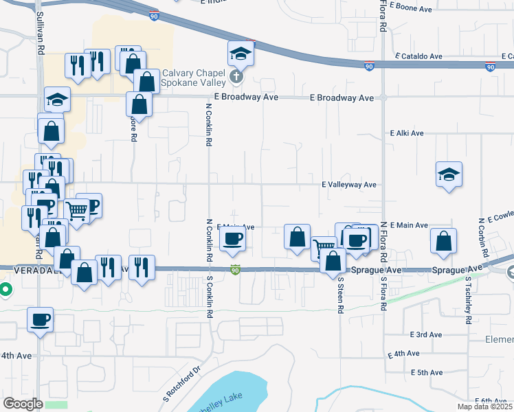 map of restaurants, bars, coffee shops, grocery stores, and more near 215 North Shamrock Street in Spokane Valley