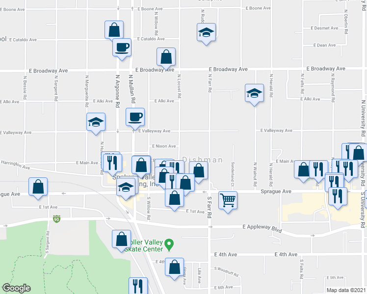 map of restaurants, bars, coffee shops, grocery stores, and more near 216 North Locust Road in Spokane Valley