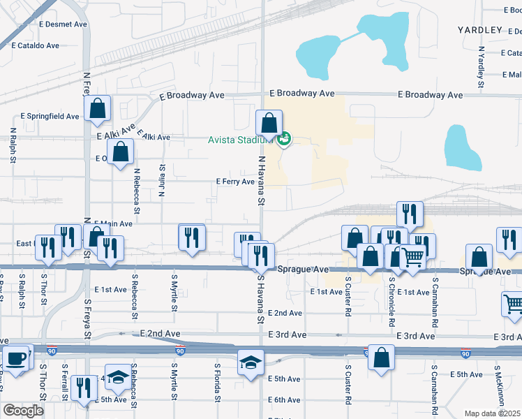 map of restaurants, bars, coffee shops, grocery stores, and more near 200-298 Spokane Interstate Fairgrounds in Spokane