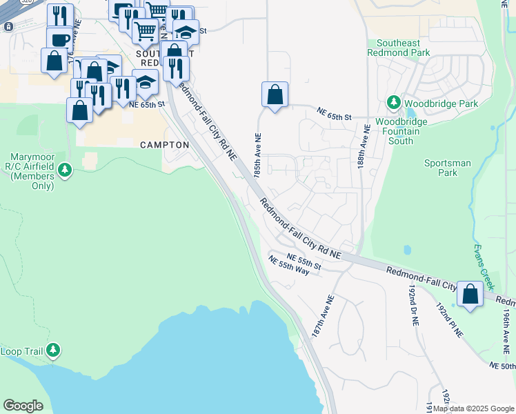 map of restaurants, bars, coffee shops, grocery stores, and more near 18544 Northeast 57th Street in Redmond