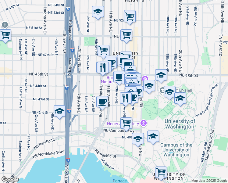 map of restaurants, bars, coffee shops, grocery stores, and more near 4235 12th Avenue Northeast in Seattle