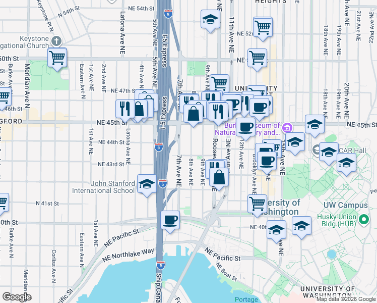 map of restaurants, bars, coffee shops, grocery stores, and more near 706 Northeast 43rd Street in Seattle