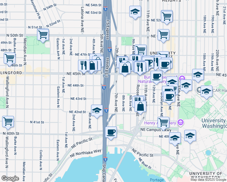 map of restaurants, bars, coffee shops, grocery stores, and more near 706 Northeast 43rd Street in Seattle