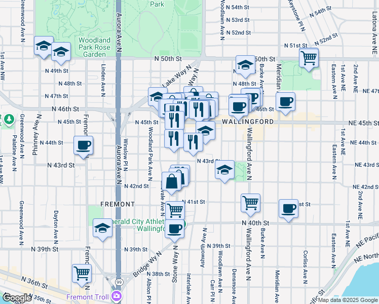 map of restaurants, bars, coffee shops, grocery stores, and more near 1312 North 43rd Street in Seattle