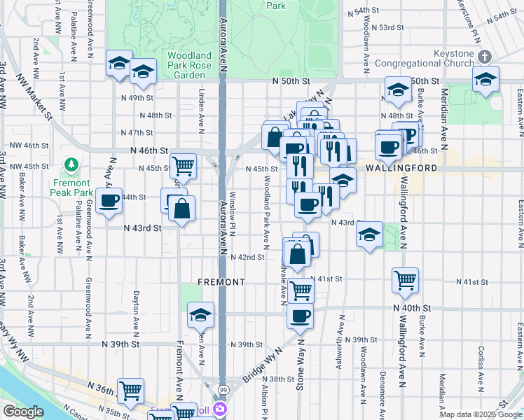 map of restaurants, bars, coffee shops, grocery stores, and more near 4300 Woodland Park Avenue North in Seattle
