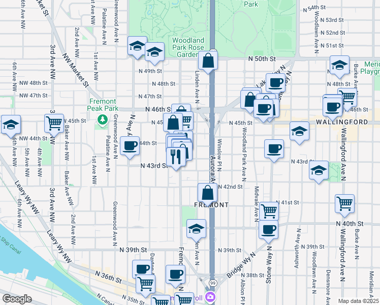 map of restaurants, bars, coffee shops, grocery stores, and more near in Seattle