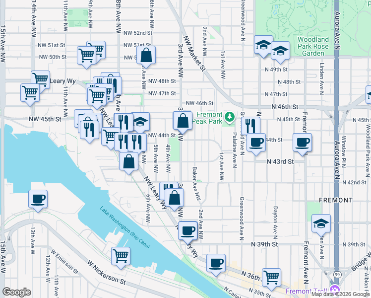 map of restaurants, bars, coffee shops, grocery stores, and more near 4312 3rd Avenue Northwest in Seattle