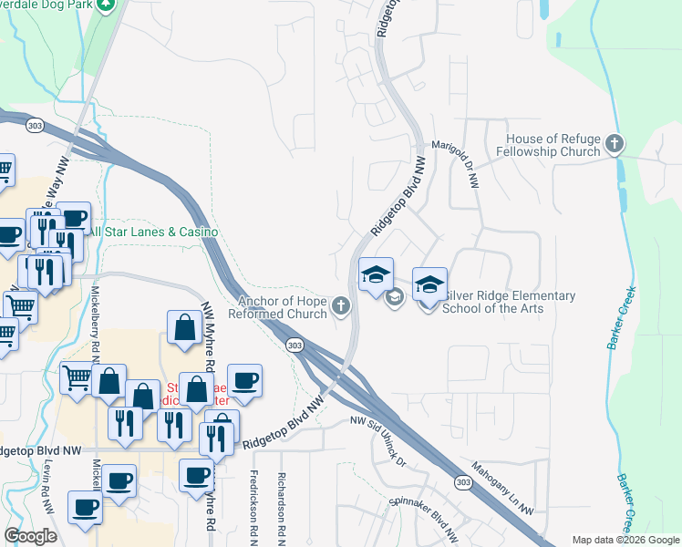 map of restaurants, bars, coffee shops, grocery stores, and more near 10603 Chance Place Northwest in Silverdale