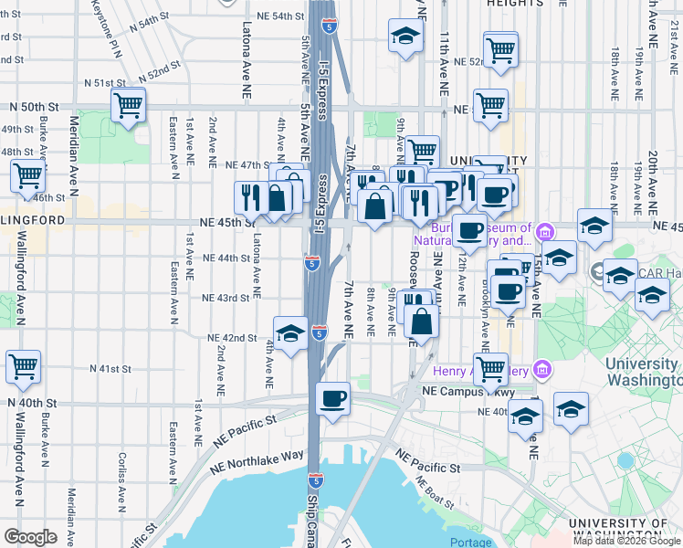 map of restaurants, bars, coffee shops, grocery stores, and more near 4309 7th Avenue Northeast in Seattle