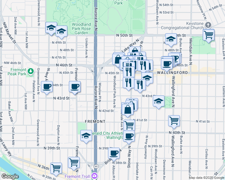 map of restaurants, bars, coffee shops, grocery stores, and more near 4301 Woodland Park Avenue North in Seattle