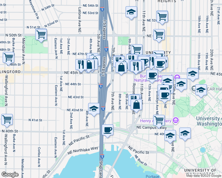 map of restaurants, bars, coffee shops, grocery stores, and more near 4309 7th Avenue Northeast in Seattle