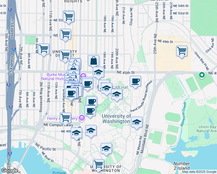 map of restaurants, bars, coffee shops, grocery stores, and more near 4215 East Stevens Way Northeast in Seattle