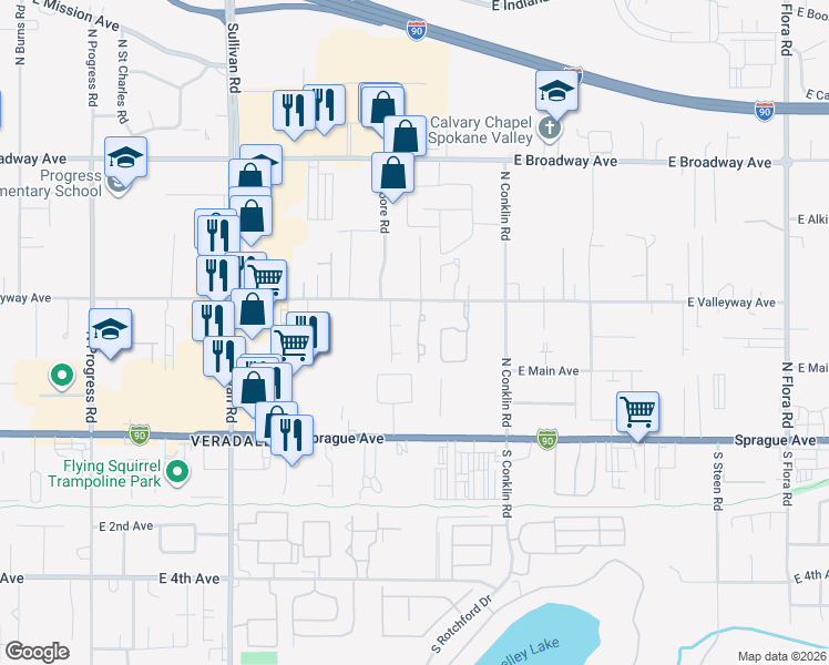 map of restaurants, bars, coffee shops, grocery stores, and more near 16010 East Valleyway Avenue in Spokane Valley