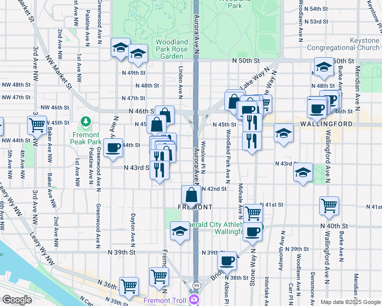 map of restaurants, bars, coffee shops, grocery stores, and more near 4300 Aurora Avenue North in Seattle