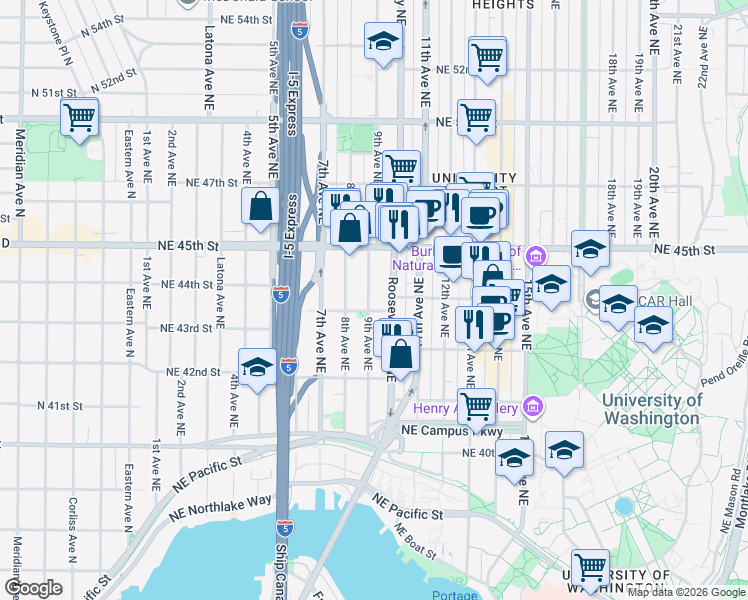 map of restaurants, bars, coffee shops, grocery stores, and more near 817 Northeast 43rd Street in Seattle