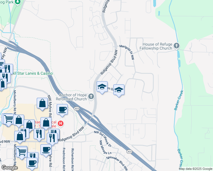 map of restaurants, bars, coffee shops, grocery stores, and more near 10609 Hillsboro Drive Northwest in Silverdale