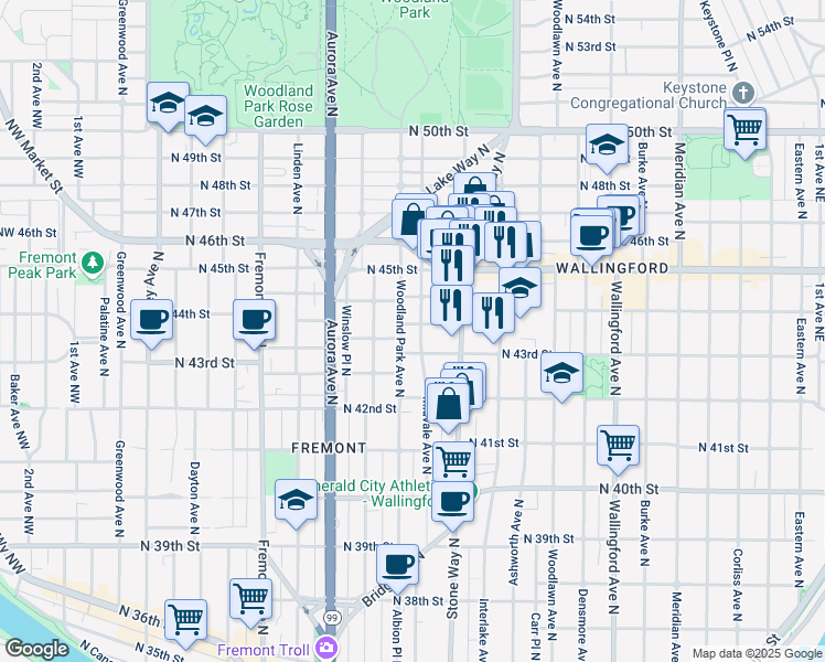 map of restaurants, bars, coffee shops, grocery stores, and more near 4300 Woodland Park Avenue North in Seattle