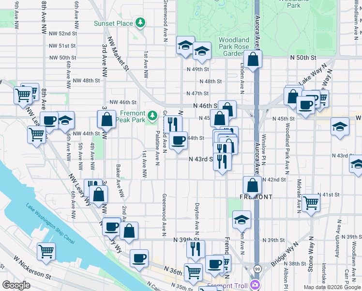 map of restaurants, bars, coffee shops, grocery stores, and more near 4317 Francis Avenue North in Seattle
