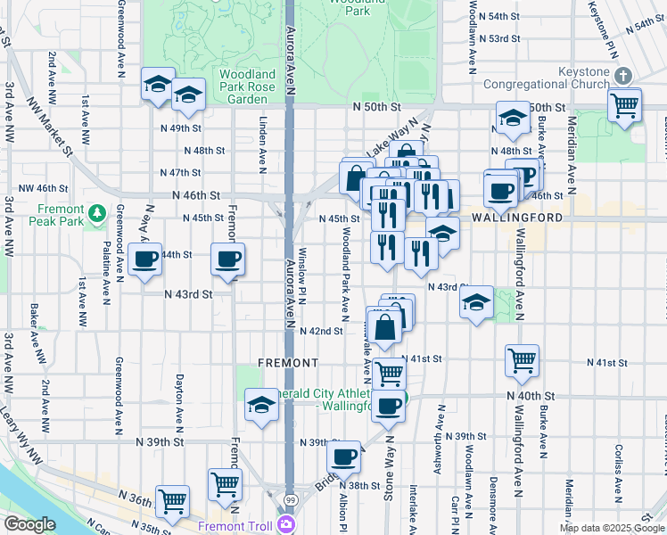 map of restaurants, bars, coffee shops, grocery stores, and more near 4300 Woodland Park Avenue North in Seattle