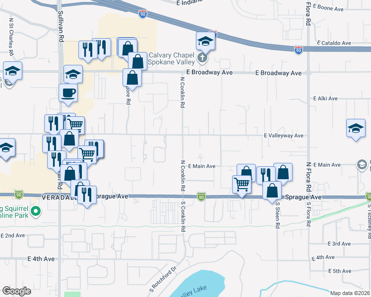 map of restaurants, bars, coffee shops, grocery stores, and more near 219 North Conklin Road in Spokane Valley