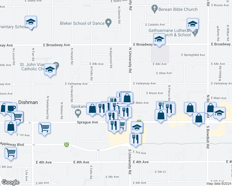map of restaurants, bars, coffee shops, grocery stores, and more near 211 North Raymond Road in Spokane Valley