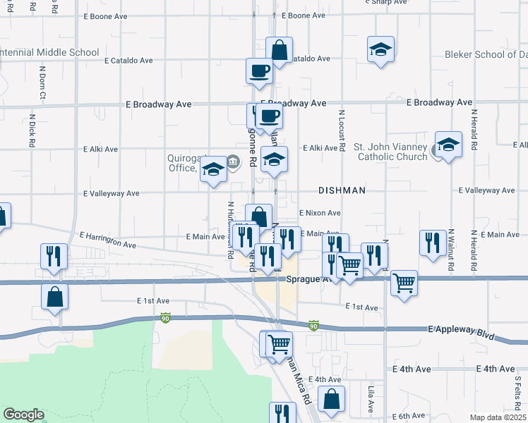 map of restaurants, bars, coffee shops, grocery stores, and more near 300 North Argonne Road in Spokane Valley