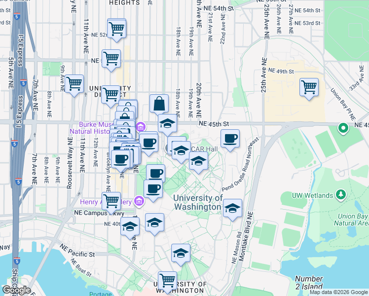 map of restaurants, bars, coffee shops, grocery stores, and more near in Seattle