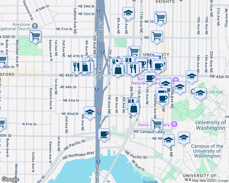 map of restaurants, bars, coffee shops, grocery stores, and more near 706 Northeast 43rd Street in Seattle