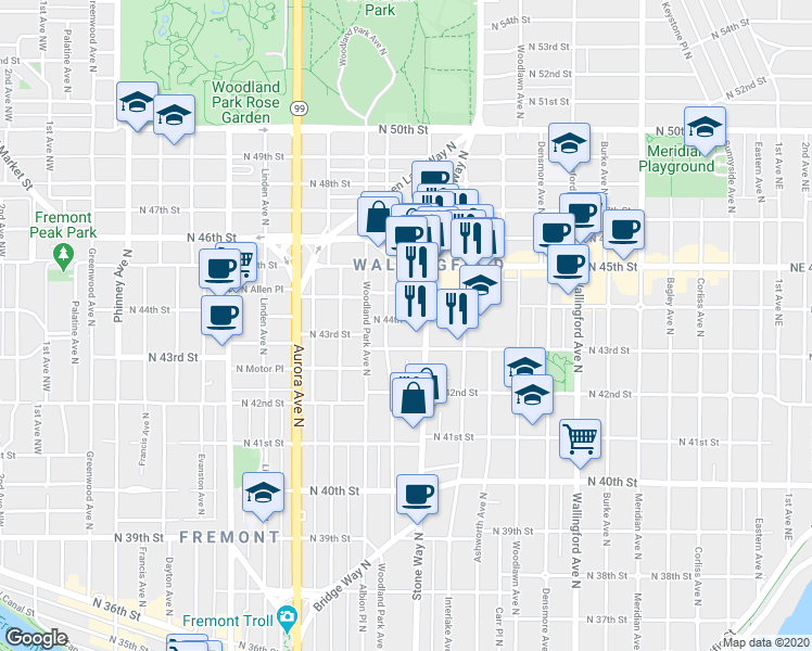 map of restaurants, bars, coffee shops, grocery stores, and more near in Seattle