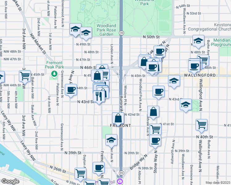 map of restaurants, bars, coffee shops, grocery stores, and more near 4300 Aurora Avenue North in Seattle