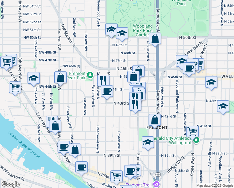 map of restaurants, bars, coffee shops, grocery stores, and more near 4317 Francis Avenue North in Seattle