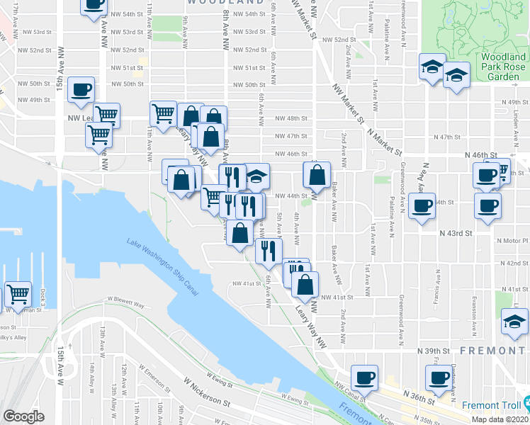 map of restaurants, bars, coffee shops, grocery stores, and more near 4318b 6th Avenue Northwest in Seattle