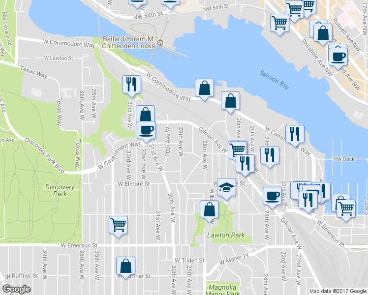 map of restaurants, bars, coffee shops, grocery stores, and more near 2858 West Jameson Street in Seattle