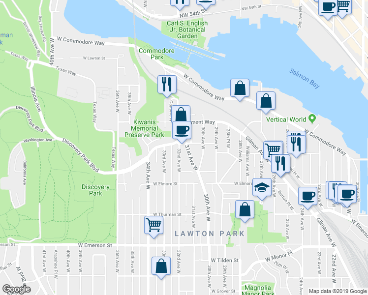 map of restaurants, bars, coffee shops, grocery stores, and more near 4335 32nd Avenue West in Seattle