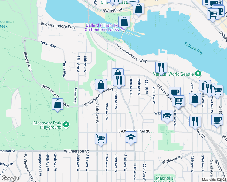 map of restaurants, bars, coffee shops, grocery stores, and more near 4335 32nd Avenue West in Seattle